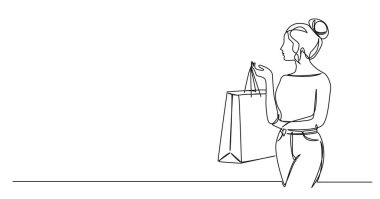Alışveriş çantası olan tek sıra kadın çizimi, çizgili resim çizimi
