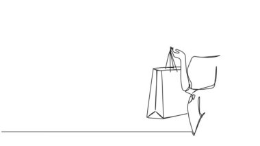 Animasyonlu tek sıra halinde alışveriş çantalı kadın çizimi, çizgi çizimi