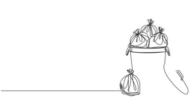 Çöp torbalarıyla dolu çöp tenekesinin sürekli çizimi, çizgi çizimi.