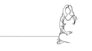 Animasyonlu tek çizgi halinde hamile bir kadının bacak bacak üstüne atarak karnını tutuşu, çizgi çizimi.