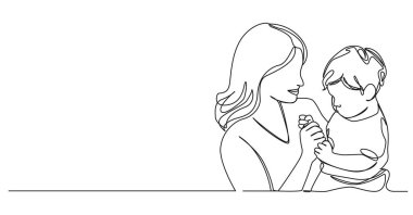 Sürekli gülümseyen annenin kucağında yürümeye başlayan bebeği çizdiği çizgi çizimi.