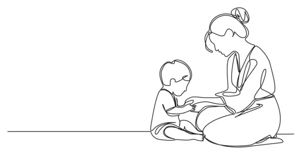 床で遊ぶ幼児の母親の連続的なシングルライン図 ラインアートベクターのイラスト — ストックベクタ