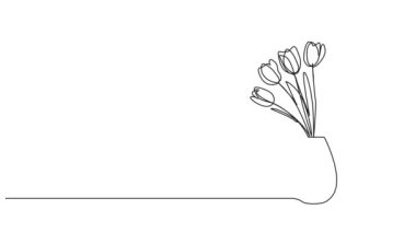 Çiçek vazosundaki lalelerin sürekli tek çizgi çizimi, çizgi sanatı animasyonu