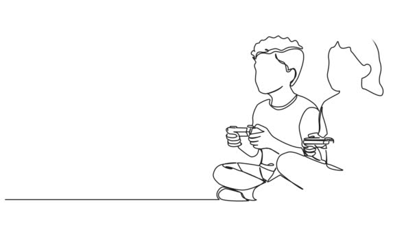 Анимационный Непрерывный Рисунок Одной Линии Двух Детей Играющих Видеоигры Линейная — стоковое видео