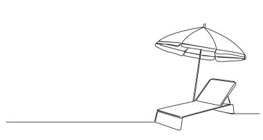 Güneş yatağı ve şemsiyesinin sürekli tek çizgi çizimi, çizgi sanat vektörü illüstrasyonu