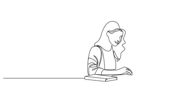 Desenho Contínuo Animado Única Linha Estudante Fêmea Usando Computador Portátil — Vídeo de Stock