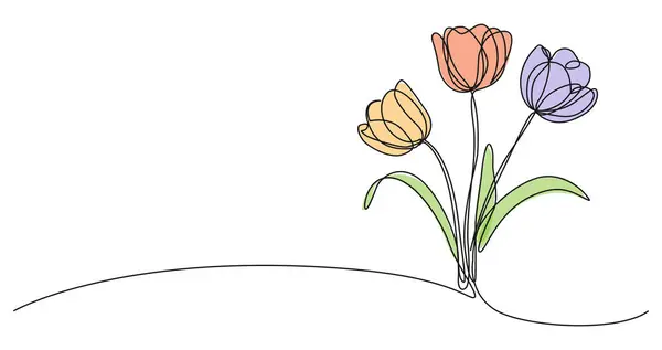 Renkli lalelerin aralıksız tek çizgi çizimi, çizgi sanat vektörü illüstrasyonu