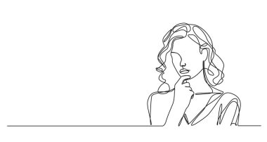 Kuşkulu bir pozisyonda tek çizgi halinde kadın çizimi, el çenede, çizgi çizimi sanat vektörü illüstrasyonu