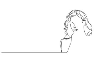 Çene üstüne el, çizgi sanat animasyonu şüpheci post, kadın sürekli tek çizgi çizim