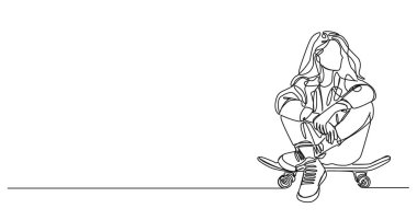 Kaykayın üzerinde oturan genç bir kadının durmaksızın çizdiği çizgi çizimi.