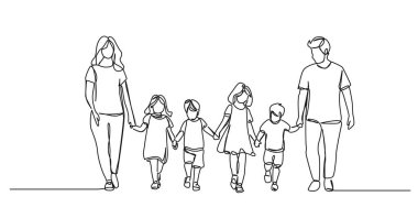 Anne ve babamın dört çocuklu aralıksız tek çizgi çizimi, yamalı aile çizgisi çizimi, sanat vektörü çizimi