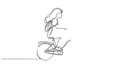 Animasyonlu tek sıra halinde, çantalı genç bir kızın çocuk bisikleti sürüşü, çizgi sanat animasyonu