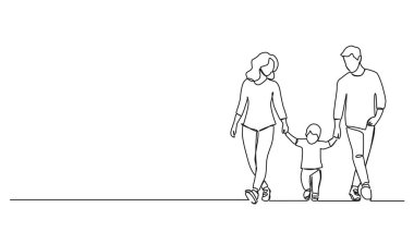 Anne ve babanın sürekli tek çizgi çizimi. Yürüyen bebekle el ele yürümeleri. Çizgi çizimi, sanat vektörü çizimi.