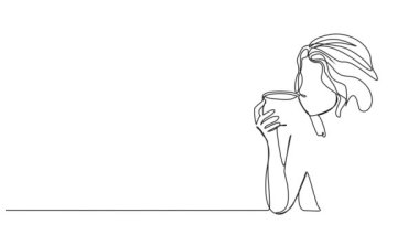 Kahve fincanı, çizgi sanat animasyonundan içen bir kadının sürekli çizimi.