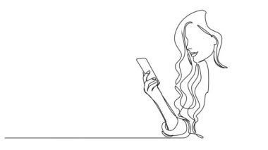 Animasyonlu tek satır halinde akıllı telefona, çizgi çizimine bakan kadın çizimi.