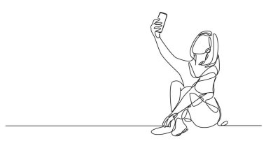 Genç bir kadının sürekli yerde oturup selfie çektiği çizimler. Çizgi çizimi.