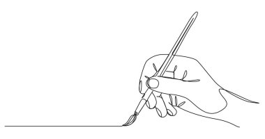 Boya fırçasını tutan tek bir çizginin sürekli çizimi, çizgi resim çizimi