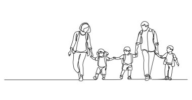 Ebeveynlerin ve üç çocuğun sürekli tek çizgi çizimleri, el ele yürümeleri, çizgi çizimleri, resim çizimleri.