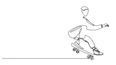 Animasyonlu tek çizgi halinde kaykaylı kadın patenci çizimi, çizgi çizimi