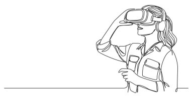 Sürekli VR kulaklık takan bir kadın çizimi çizimi, çizgili sanat vektörü çizimi