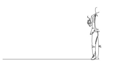 Tek kullanımlık kahve fincanı ve çizgi çizgisi olan genç iş adamının sürekli çizimi.