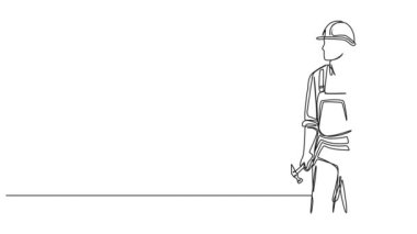 inşaat işçisinin sabit şapkalı, çizgi sanat animasyonlu sürekli çizimi.