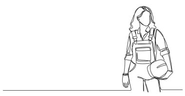 Kadın inşaat işçisinin sürekli çizdiği çizimler, elinde şapka, çizgi çizimi, sanat vektörü çizimi.