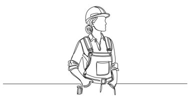 Kadın inşaat işçisinin aralıksız çizimi, çizgi sanat vektörü illüstrasyonu