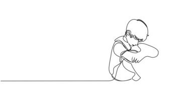 Animasyon devam eden tek çizgi çiziminde üzgün çocuk yerde oturuyor, çizgi sanatı animasyonu