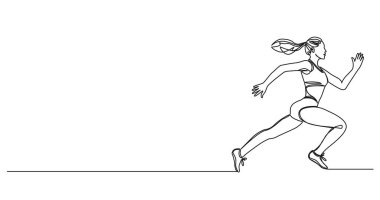 Kadın koşucunun aralıksız tek çizgi çizimi, çizgi sanat vektörü illüstrasyonu