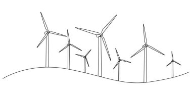 Yenilenebilir enerji üreten rüzgar çiftliğinin sürekli tek çizgi çizimi, çizgi sanat vektörü illüstrasyonu