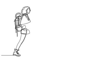 Sırt çantasıyla gezen genç bir kadının çizimleri, çizgi çizimleri.