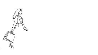 Animasyonlu tek sıra halinde şık bir kadının alışveriş torbalarıyla çizimi, çizgi çizimi.