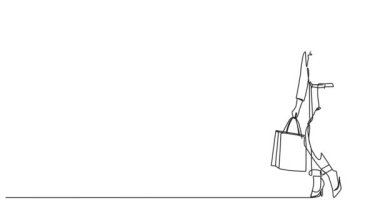 Animasyonlu tek sıra halinde şık bir kadının alışveriş torbalarıyla çizimi, çizgi çizimi.
