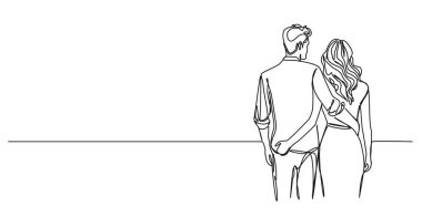 Kollarını birbirine dolamış genç bir adam ve kadının sürekli çizdiği çizgiler, dikiz aynası, çizgi sanat vektörü çizimleri.