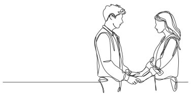 Birbirlerine bakarken el ele tutuşan genç erkek ve kadının durmaksızın çizdiği çizgi, sanat vektörü çizimi.