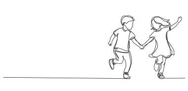 Genç erkek ve kız kardeşlerin sürekli çizdiği çizimler neşeyle el ele yürür. Çizgi çizimi, sanat vektörü çizimi.