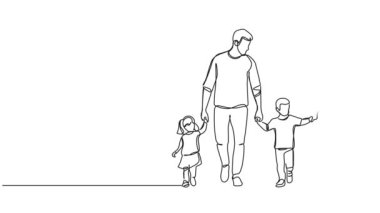 Animasyonlu tek çizgi halinde anne ve baba ve iki çocuk el ele yürür, çizgi çizer.