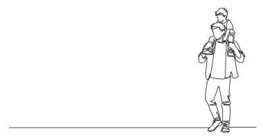 Babamın omuzlarında çocuk taşıdığı tek bir çizgi çizimi, çizgi çizgisi çizimi.