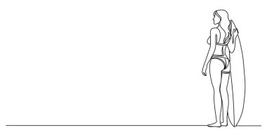 Sörf tahtası taşıyan bikinili bir kadının durmaksızın çizdiği çizgi çizimi.