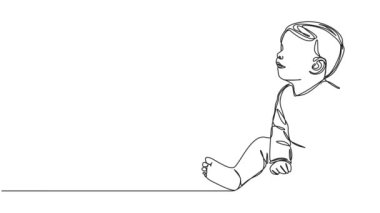 Animasyonlu tek çizgi çizimi bebek yerde oturuyor, çizgi sanatı animasyonu