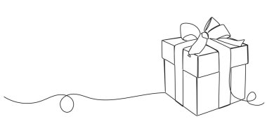 Paketlenmiş hediye kutusunun aralıksız tek çizgi çizimi, çizgi resim çizimi