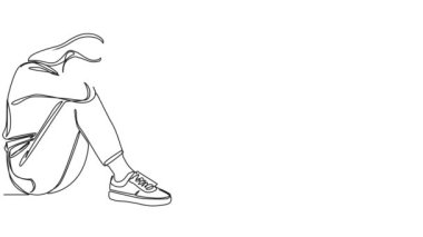 Animasyonlu tek çizgi halinde, üzgün kadın yerde oturuyor, yüzünü ellerle kapatıyor, çizgi çizimleri çiziyor.