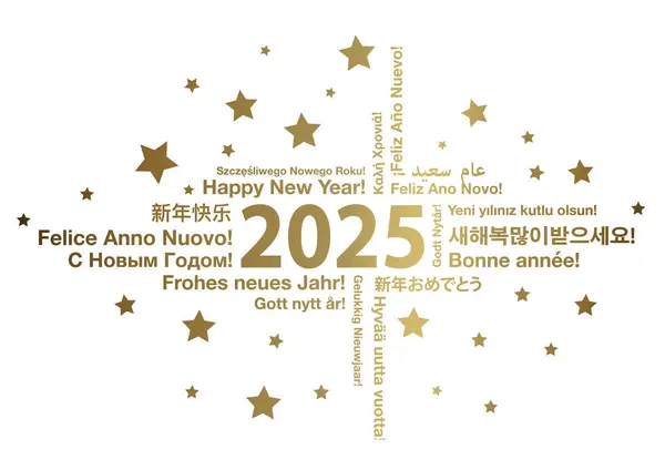 Farklı dillerde yeni yılınız kutlu olsun. Kelime bulut tebrik kartı konsepti, vektör illüstrasyonu.