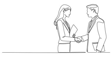 İş kadını ve işadamının sürekli el sıkıştığı çizgiler, çizgi çizimleri, resim çizimleri.