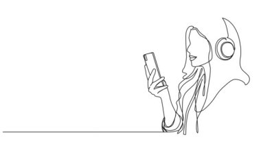 akıllı telefona, çizgi sanat animasyonuna bakan kulaklıklı genç bir kadının sürekli çizimi.
