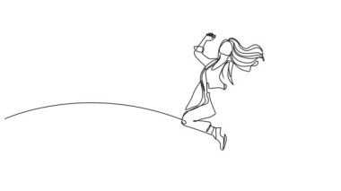 Neşeli bir kadının sürekli çizdiği çizgi çizimi neşeyle zıplıyor, çizgi sanatı animasyonu