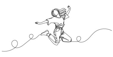 Neşeli bir kadının sürekli çizdiği çizimler neşeyle zıplıyor. Çizgi çizimi, sanat vektörü çizimleri.