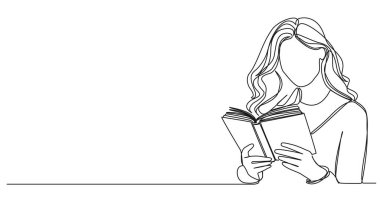 Bir kadının roman okurken durmaksızın çizdiği çizgi çizimi, çizgi sanat vektörü çizimi