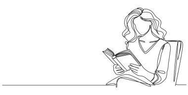 Genç bir kadının sürekli tek satır çizimi. Bir kitap okuyor. Çizgi sanatı illüstrasyonu